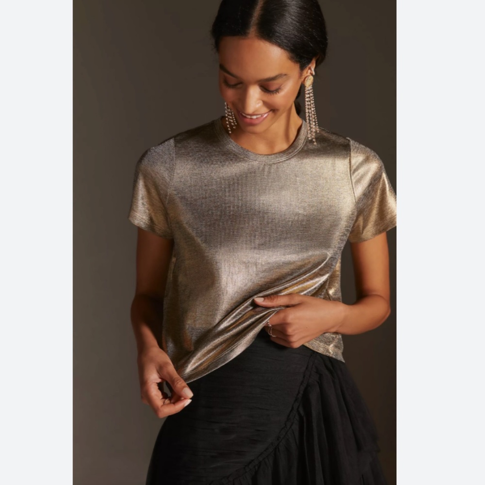 NWT Anthropologie Shine Glam T-Shirt in Gold Size XS